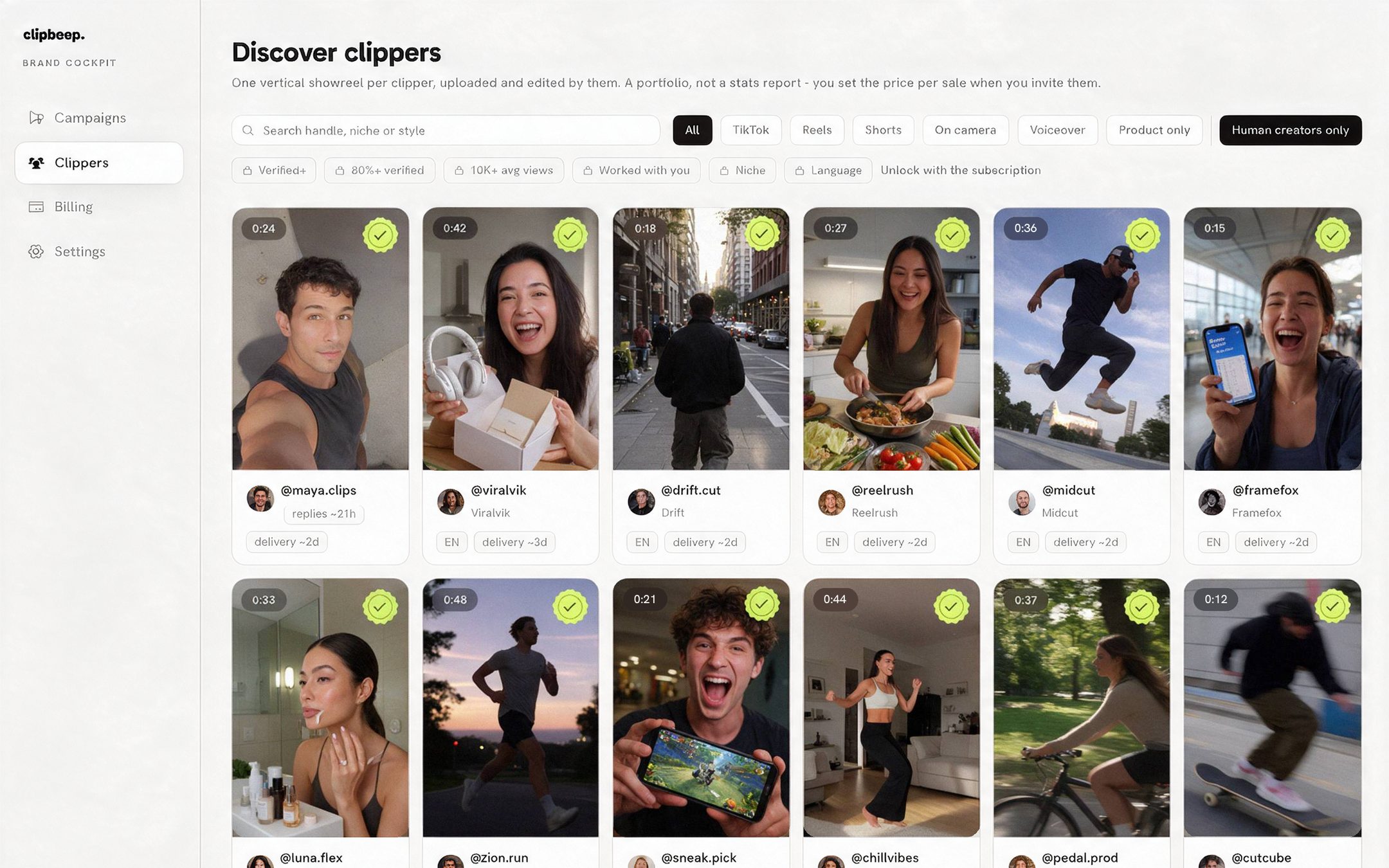 The brand desk: a grid of creator showreels to pick from, with example creators